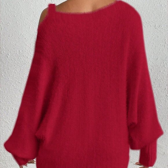 Red Casual Women's Asymmetrical Neck Pearl Decor Long Sleeve Pullover Sweater - Picture 2 of 6